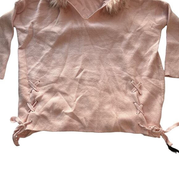 Women's Pink V-Neck Pullover Fuzzy Hooded Oversized Sweater Size S/M - Picture 5 of 9